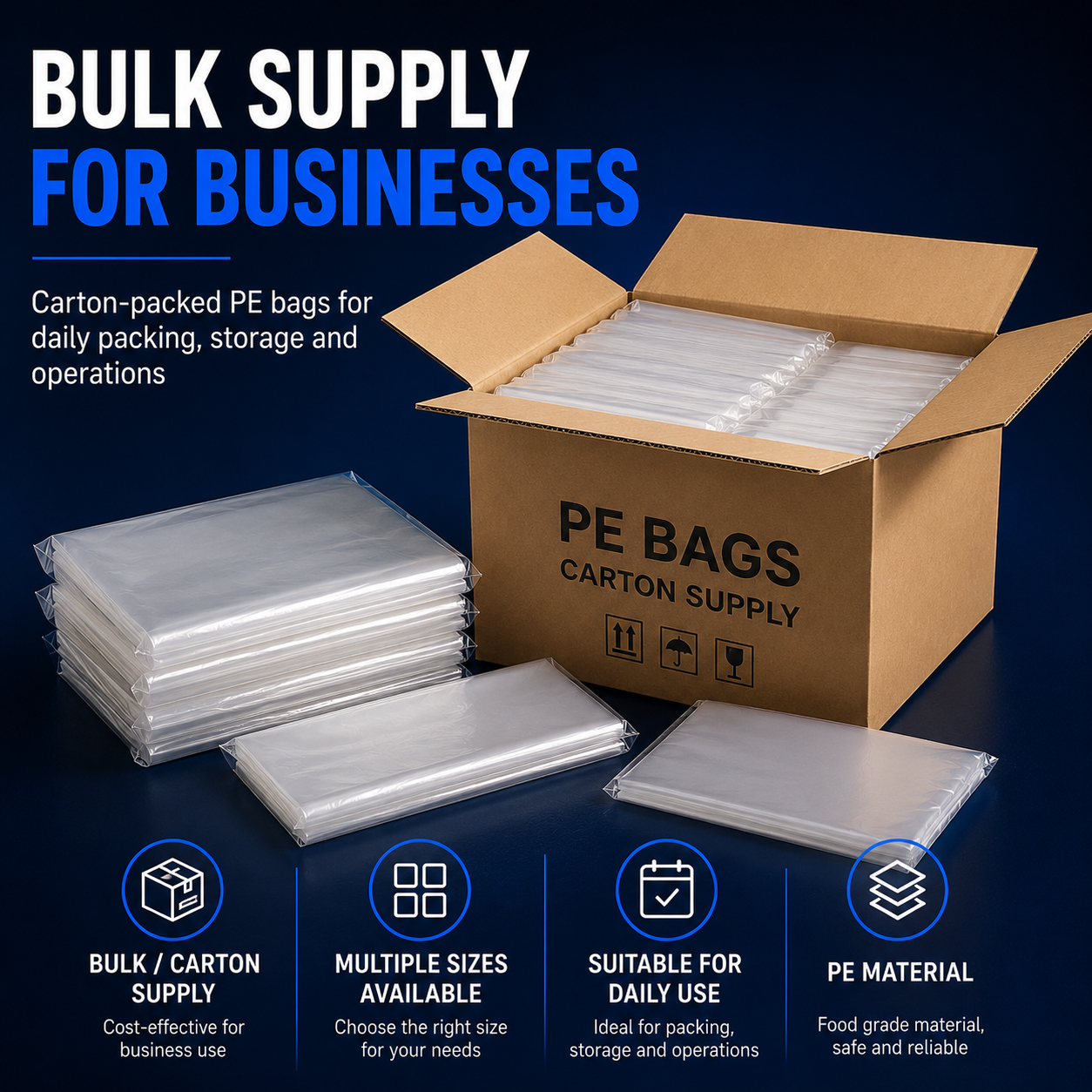Bulk carton supply of PE bags in Singapore for food packing retail grocery and business use