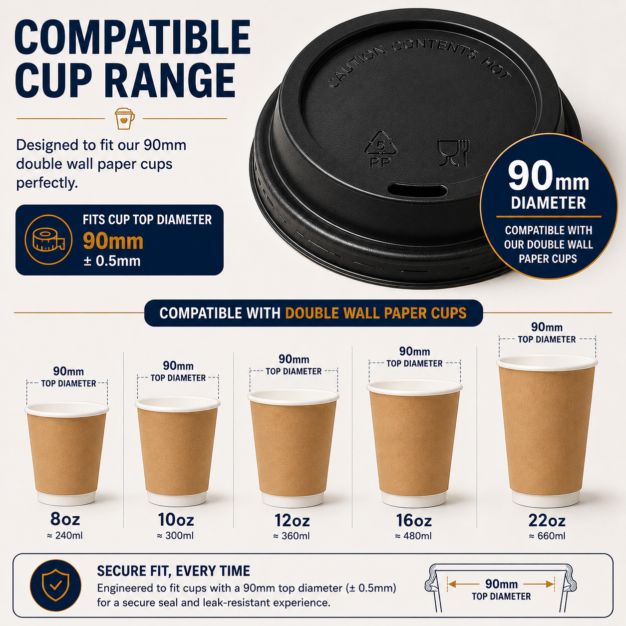 90mm PP paper cup lids compatible with 8oz, 10oz, 12oz, 16oz and 22oz double wall paper cups in Singapore