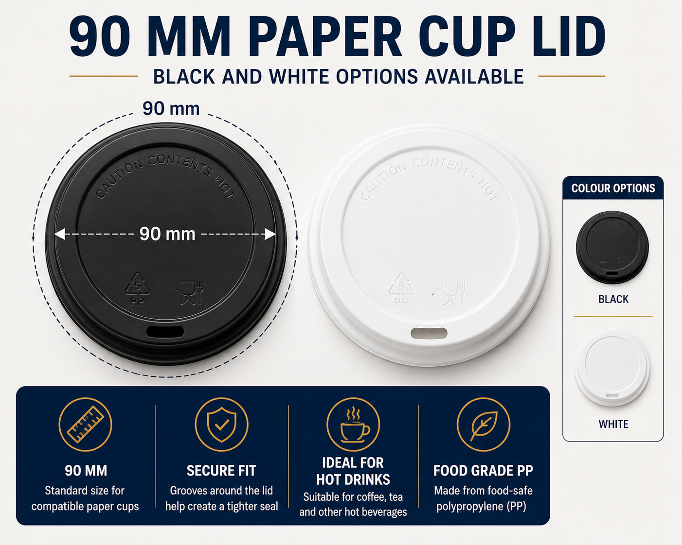Black and white 90mm PP paper cup lids with secure fit for coffee, tea and hot takeaway drinks in Singapore