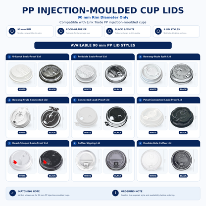 PP injection moulded cup lids for 90mm plastic cups in black and white with multiple leak proof and sipping lid styles