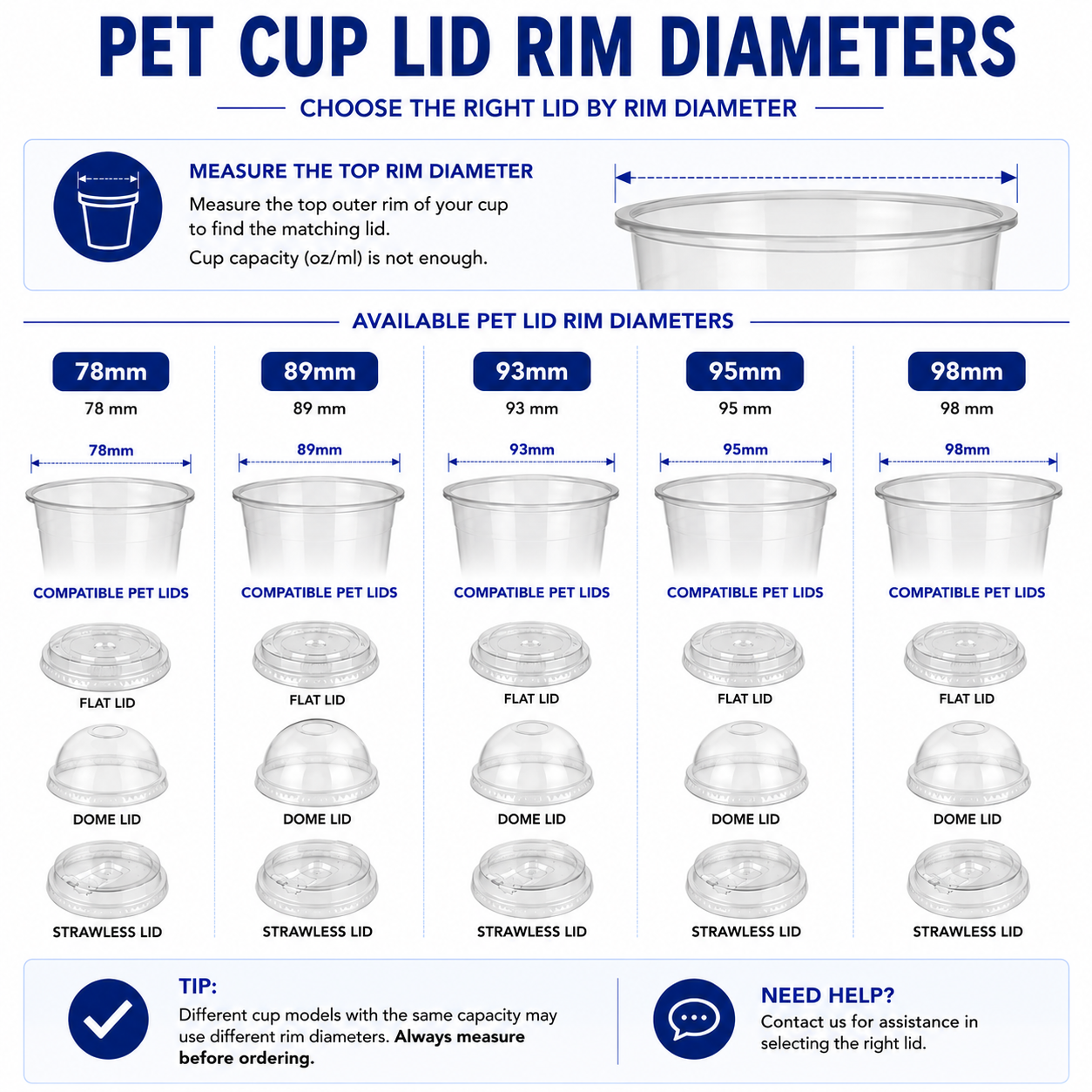 PET plastic cup lid rim diameter guide for 78mm 89mm 93mm 95mm and 98mm cups with flat dome and strawless lid options