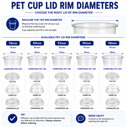 PET plastic cup lid rim diameter guide for 78mm 89mm 93mm 95mm and 98mm cups with flat dome and strawless lid options