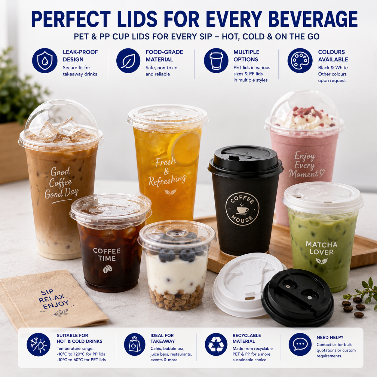 PET and PP plastic cup lids used for iced coffee tea smoothies matcha and other takeaway beverages in a café setting