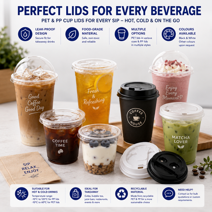 PET and PP plastic cup lids used for iced coffee tea smoothies matcha and other takeaway beverages in a café setting