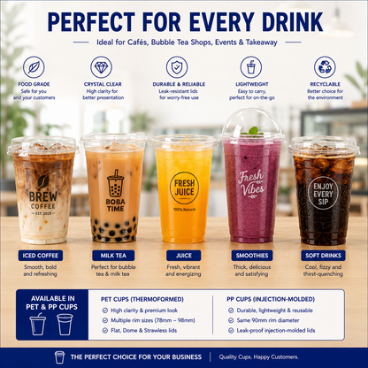 PET and PP plastic cups used for iced coffee milk tea juice smoothies and soft drinks in a café setting