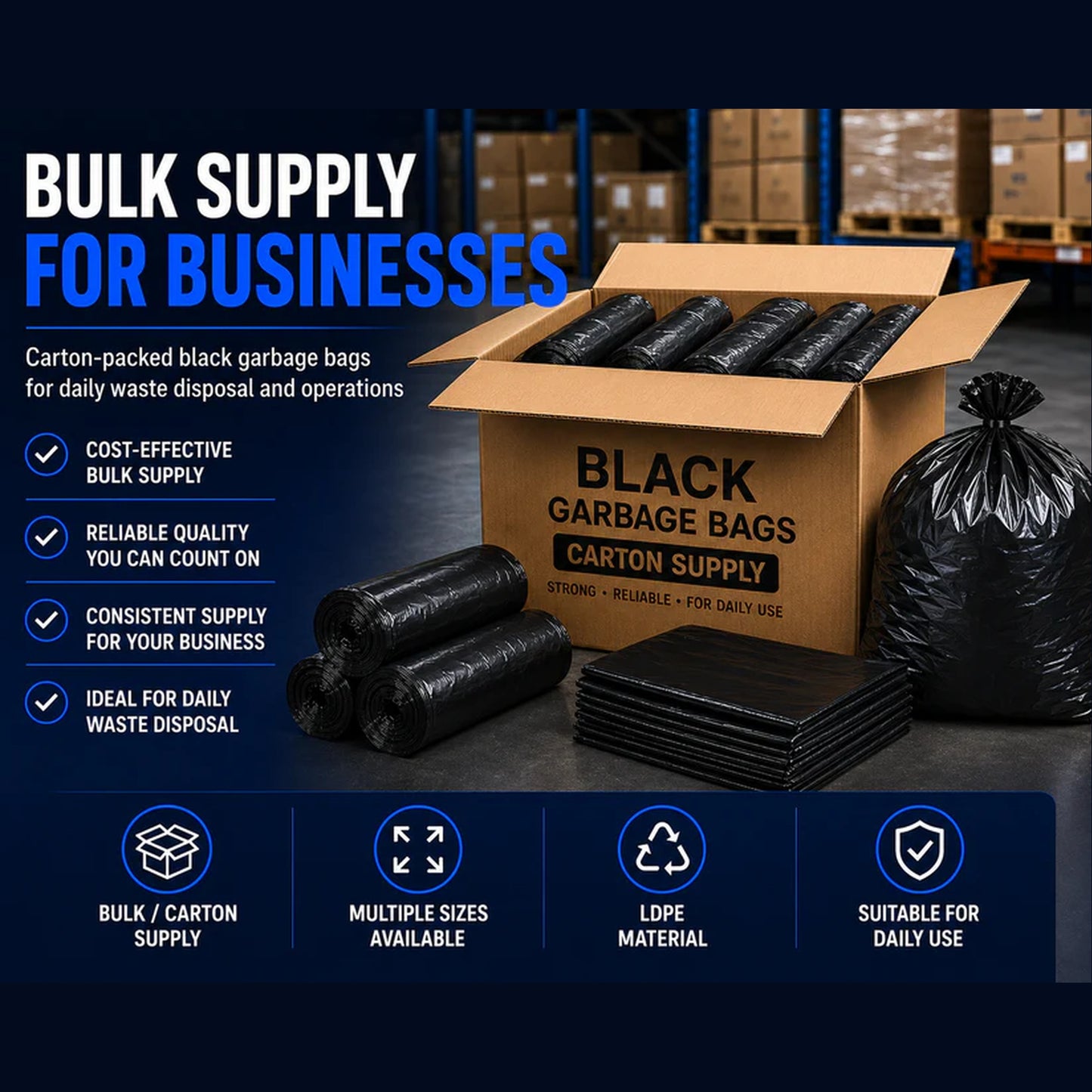 Bulk carton supply of black garbage bags in Singapore for F&B offices hotels cleaning contractors and warehouses 