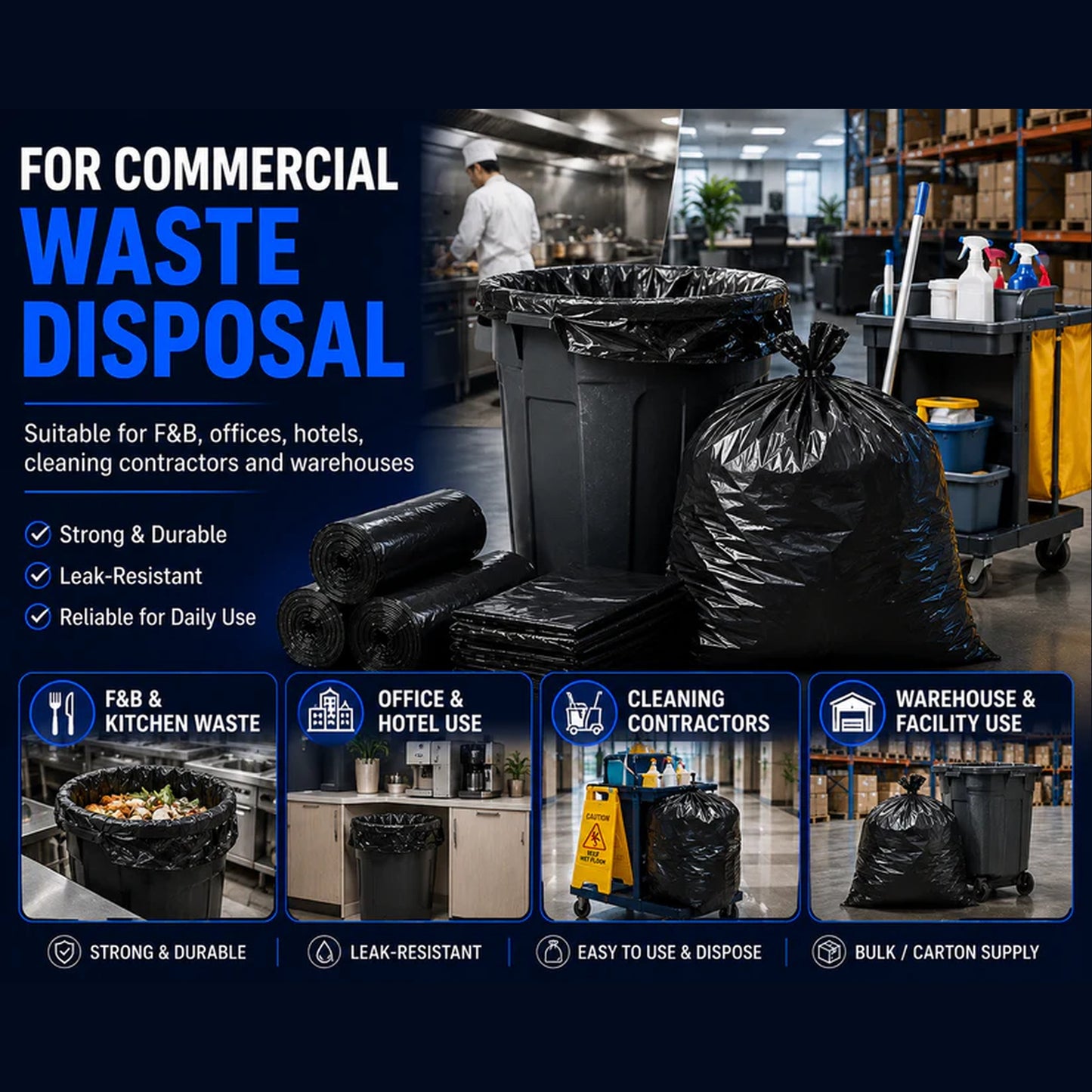 Black garbage bags for commercial waste disposal in Singapore F&B offices hotels cleaning contractors and warehouses 