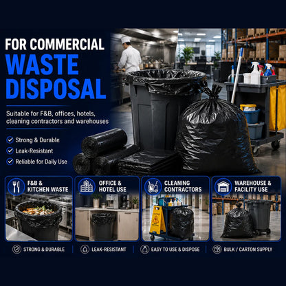 Black garbage bags for commercial waste disposal in Singapore F&B offices hotels cleaning contractors and warehouses 