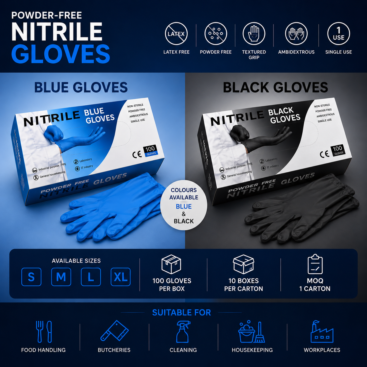 Blue and black powder-free nitrile gloves available in S M L and XL sizes for commercial use