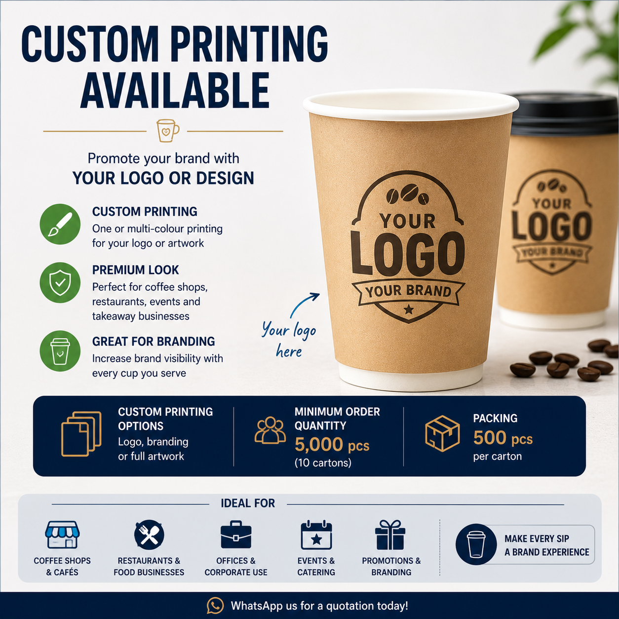 Custom printed double wall paper cups with logo branding available from 5000 pieces in Singapore