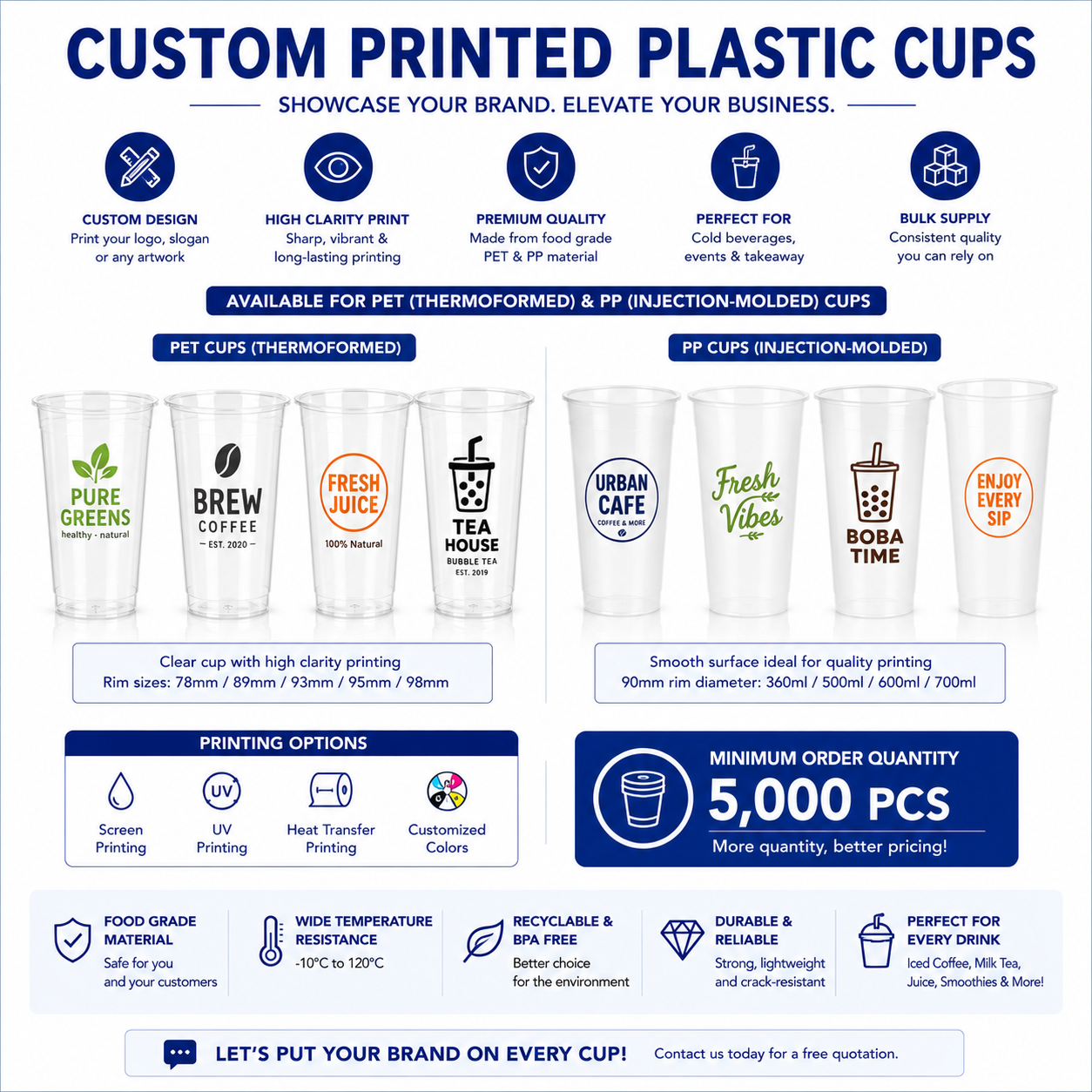Custom printed PET and PP plastic cups with logo printing available from 5000 pieces MOQ in Singapore