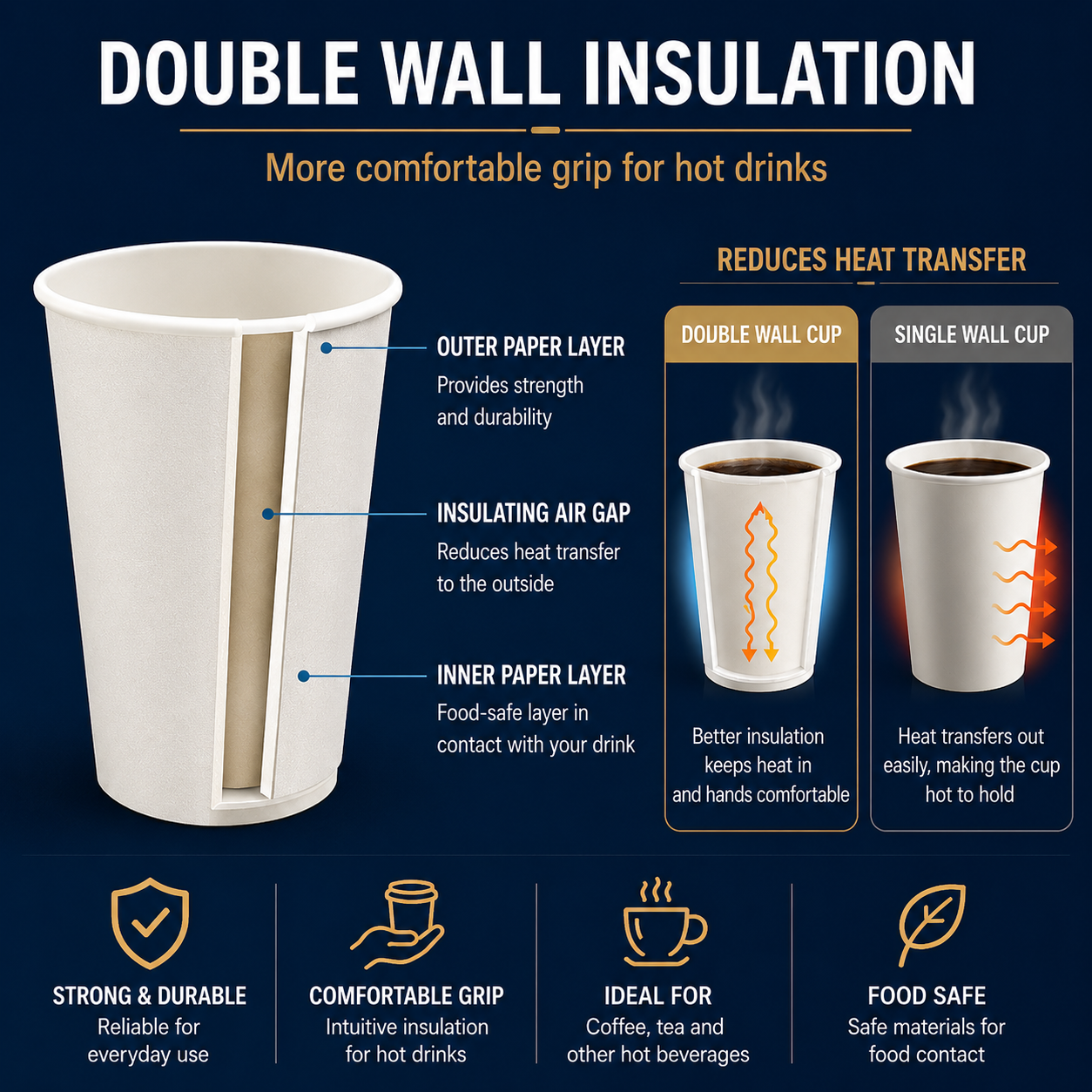 Double wall paper cup insulation diagram showing outer layer, air gap and reduced heat transfer for hot drinks