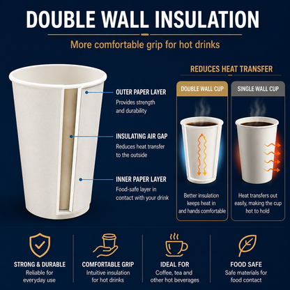 Double wall paper cup insulation diagram showing outer layer, air gap and reduced heat transfer for hot drinks