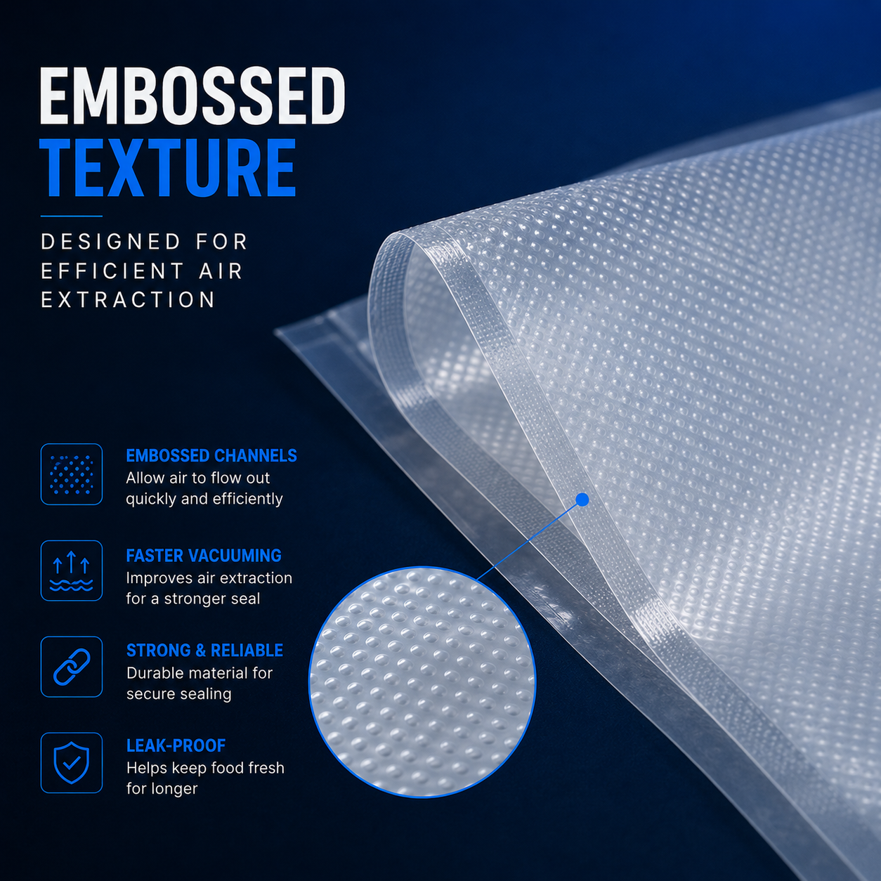 Close-up of embossed vacuum bag texture designed for efficient air extraction