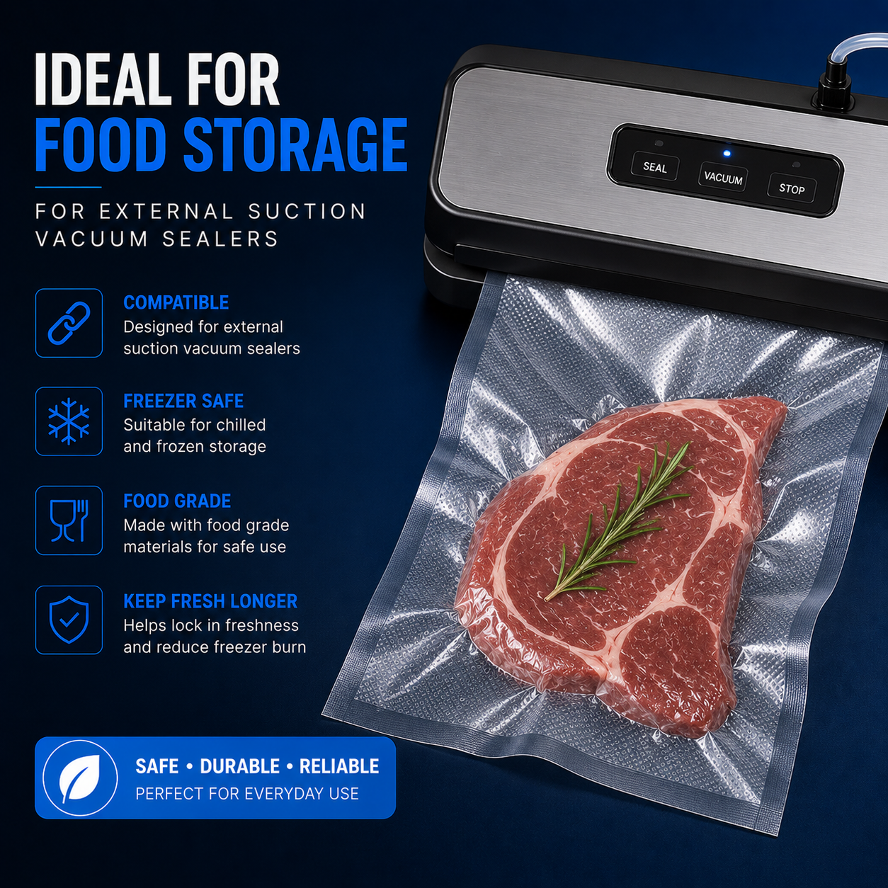 Embossed vacuum bag used with an external suction vacuum sealer for food storage