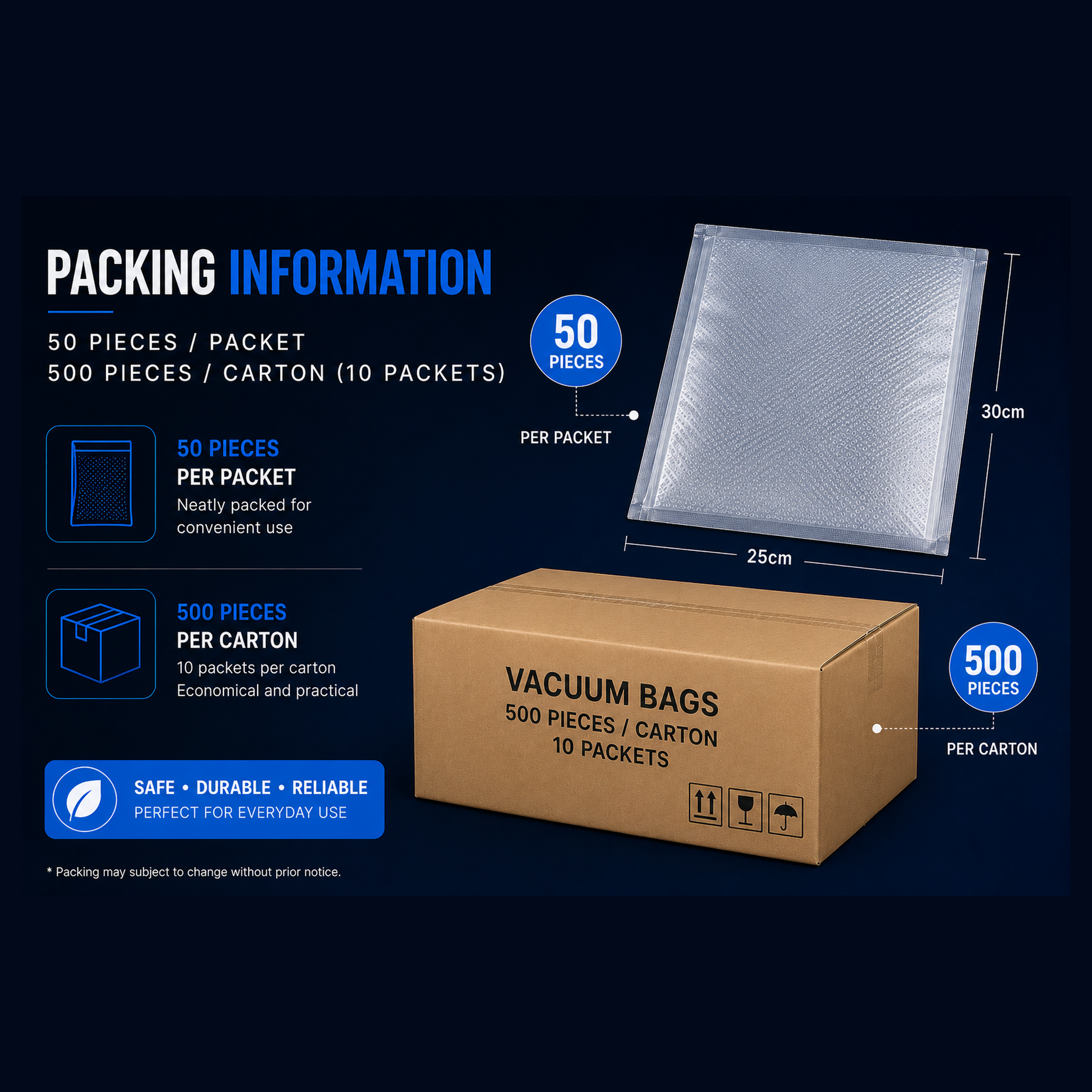 Embossed vacuum bags packing information with 50 pieces per packet and 500 pieces per carton