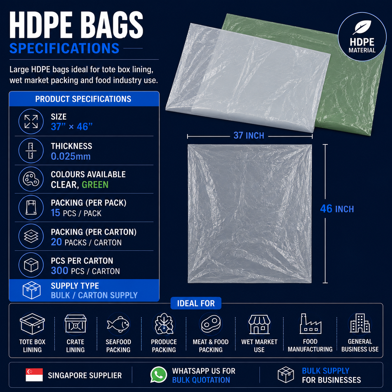 HDPE bag specifications in Singapore with 37x46 inch size 0.025mm thickness and 300 pieces per carton
