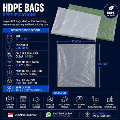 HDPE bag specifications in Singapore with 37x46 inch size 0.025mm thickness and 300 pieces per carton