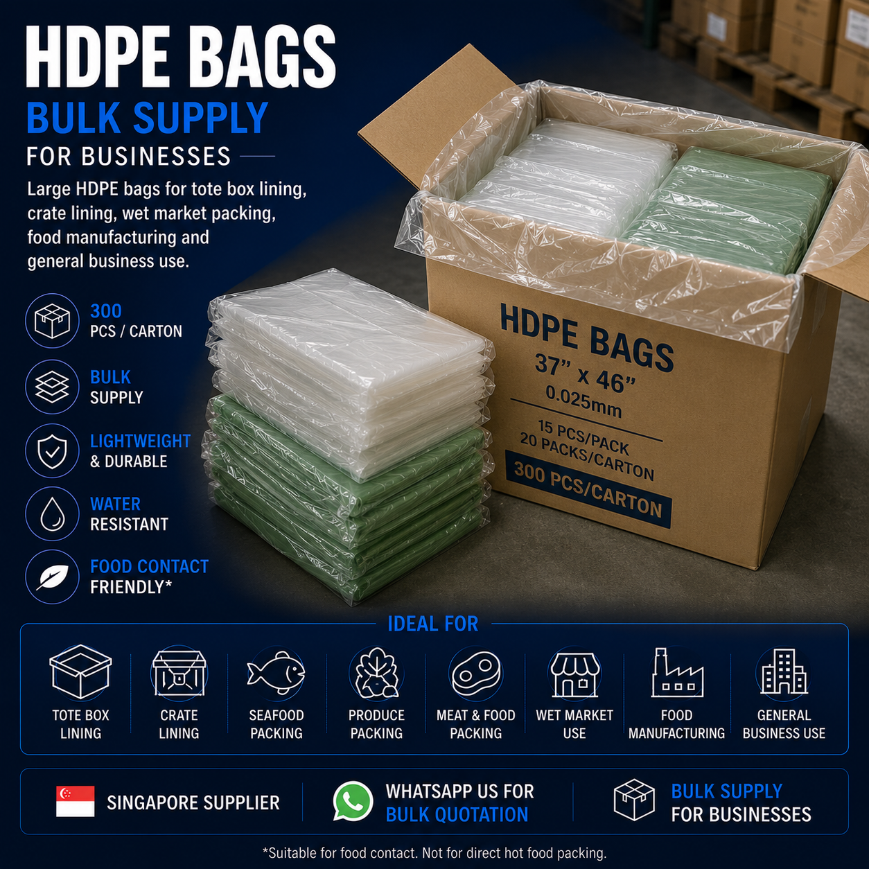 Bulk carton supply of HDPE bags in Singapore for tote box lining crate lining wet market and food manufacturing use