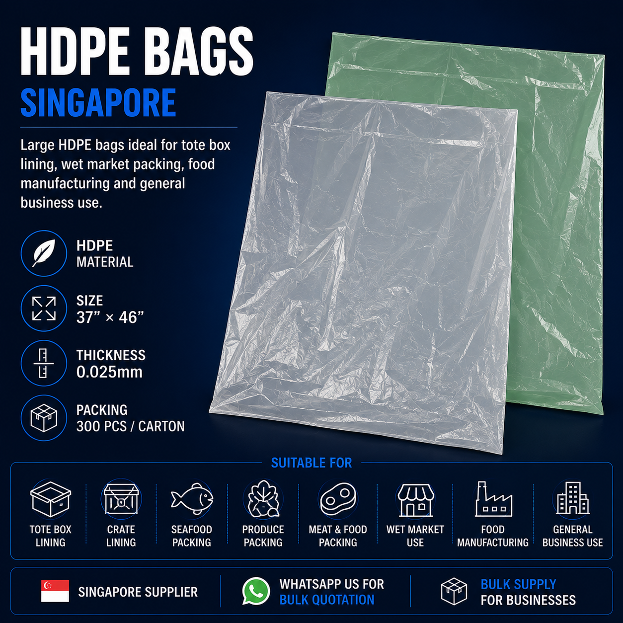 HDPE bags Singapore for tote box lining crate lining wet market food manufacturing seafood and produce packing