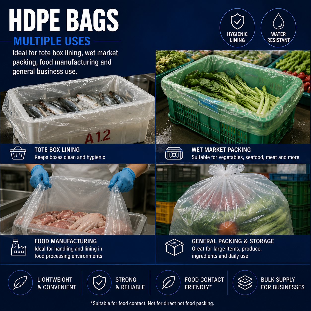 HDPE bags for tote box lining wet market packing food manufacturing seafood and produce packing in Singapore
