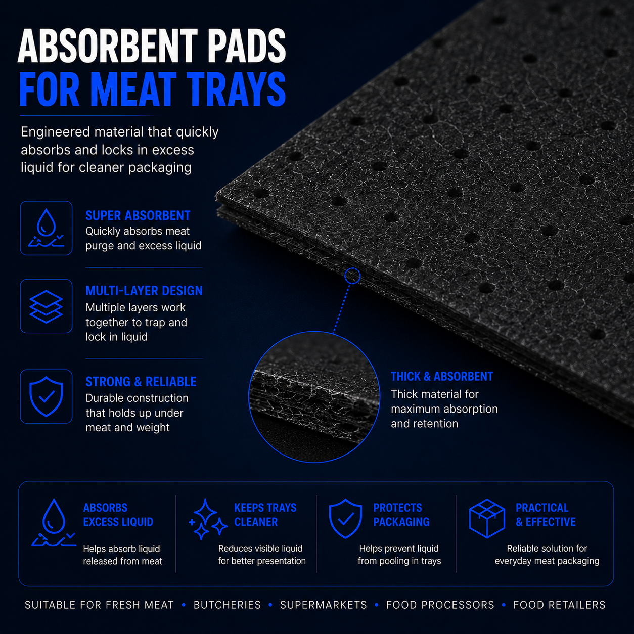 Close-up of black absorbent pad material for meat tray packaging