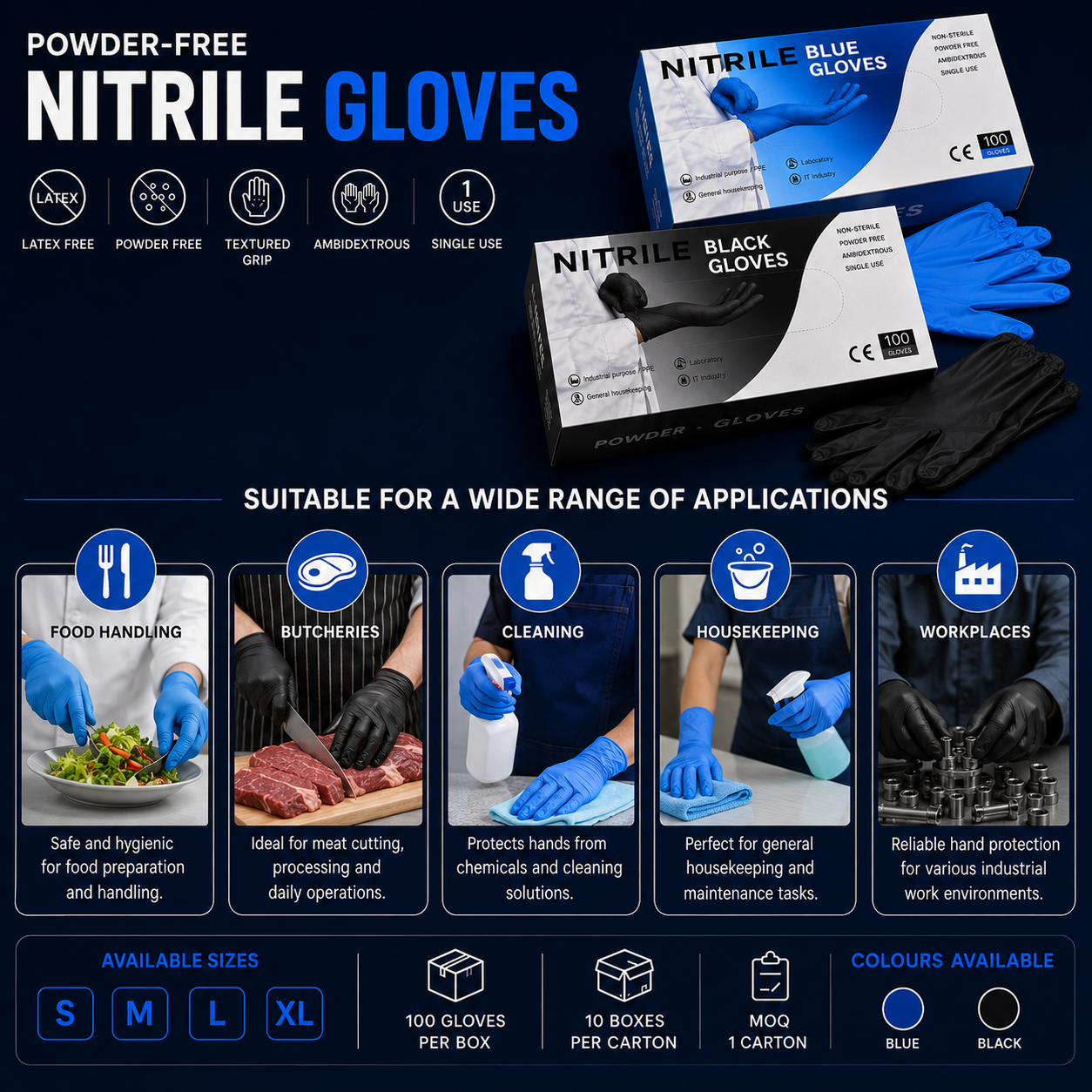 Powder-free nitrile gloves for food handling butcheries cleaning housekeeping and workplace use