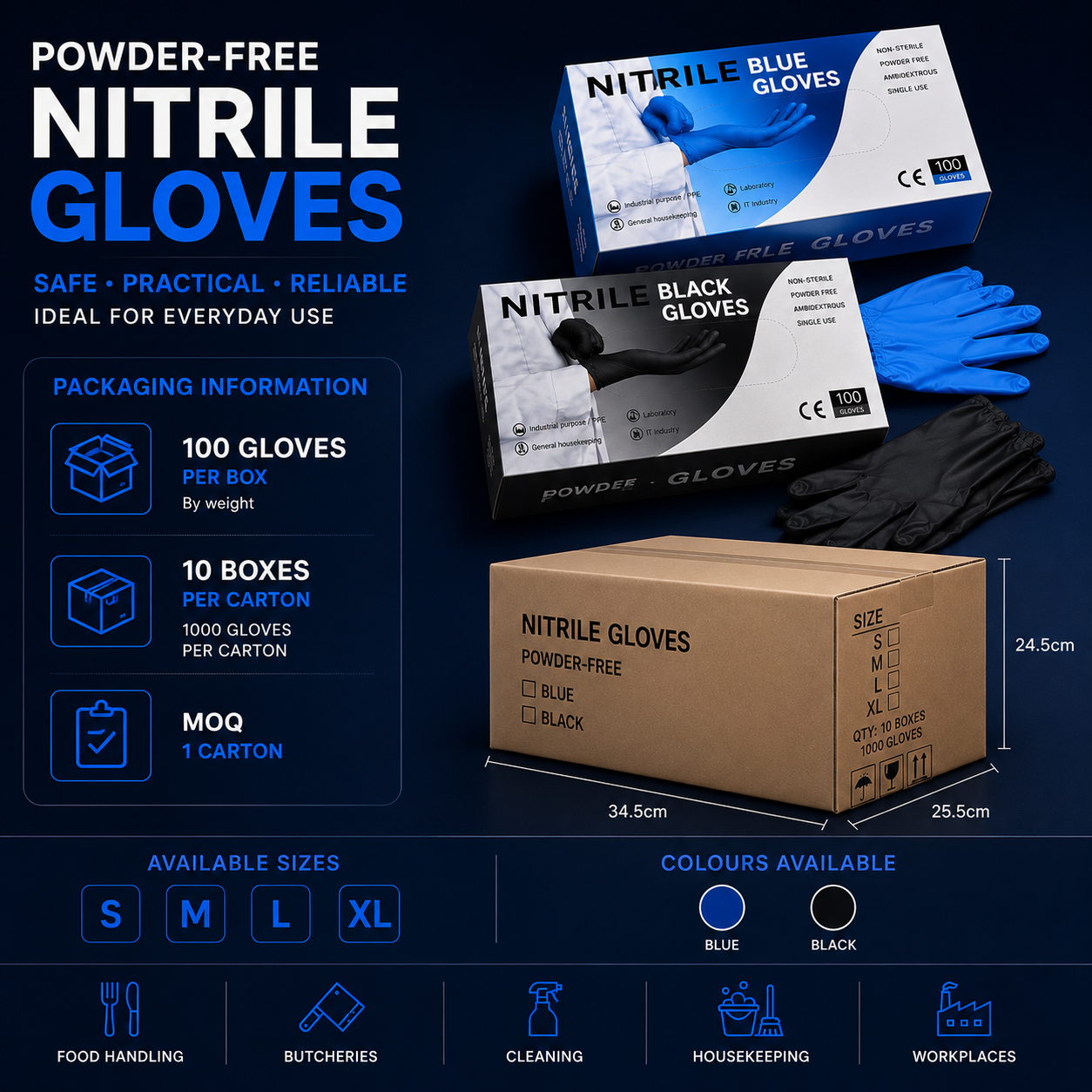 Powder-free nitrile gloves packing information with 100 gloves per box and 10 boxes per carton