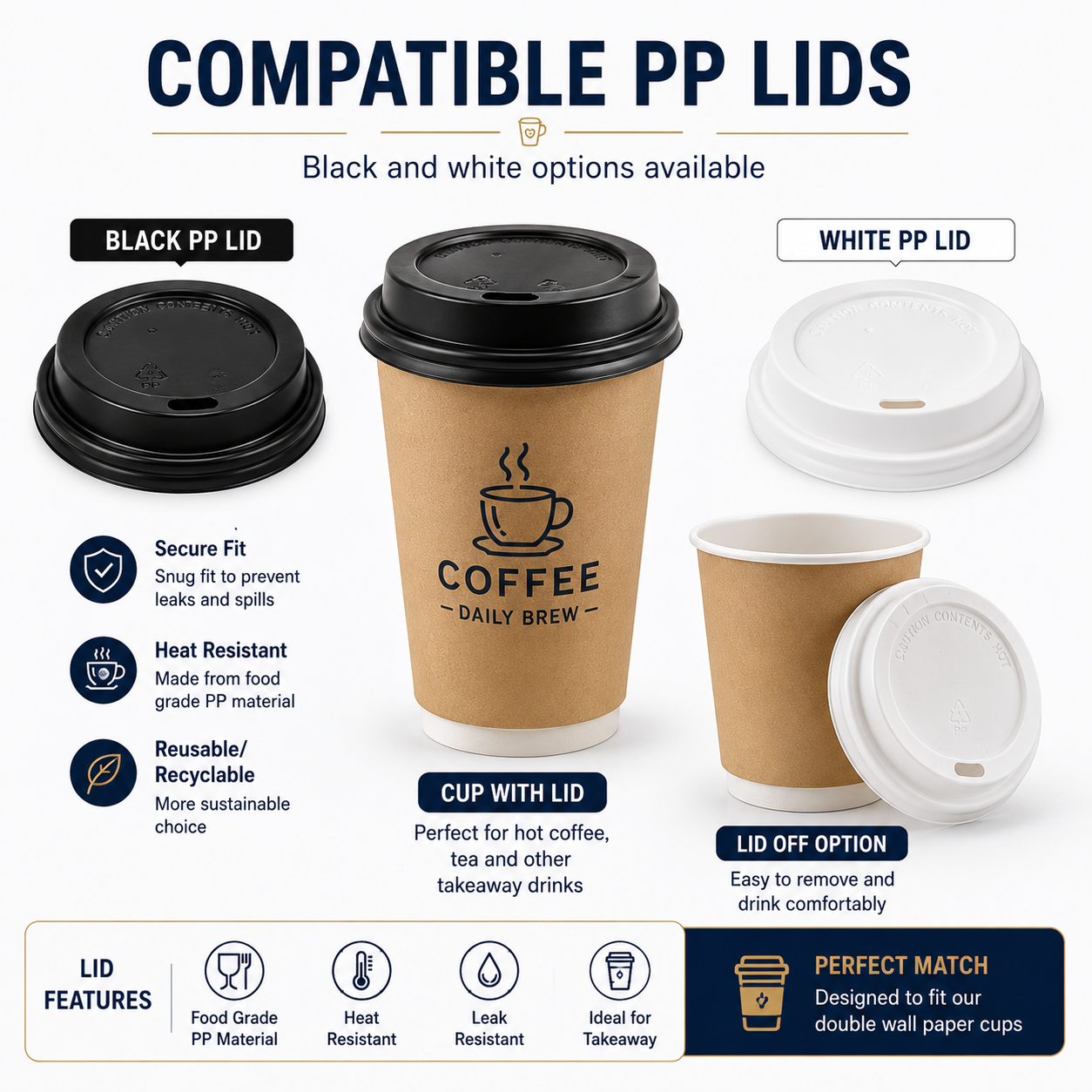 Black and white PP lids compatible with double wall paper cups for hot takeaway drinks in Singapore