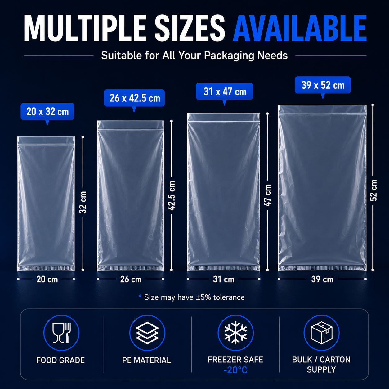 PE bag sizes in Singapore including 20x32cm, 26x42.5cm, 31x47cm and 39x52cm