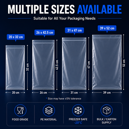 PE bag sizes in Singapore including 20x32cm, 26x42.5cm, 31x47cm and 39x52cm