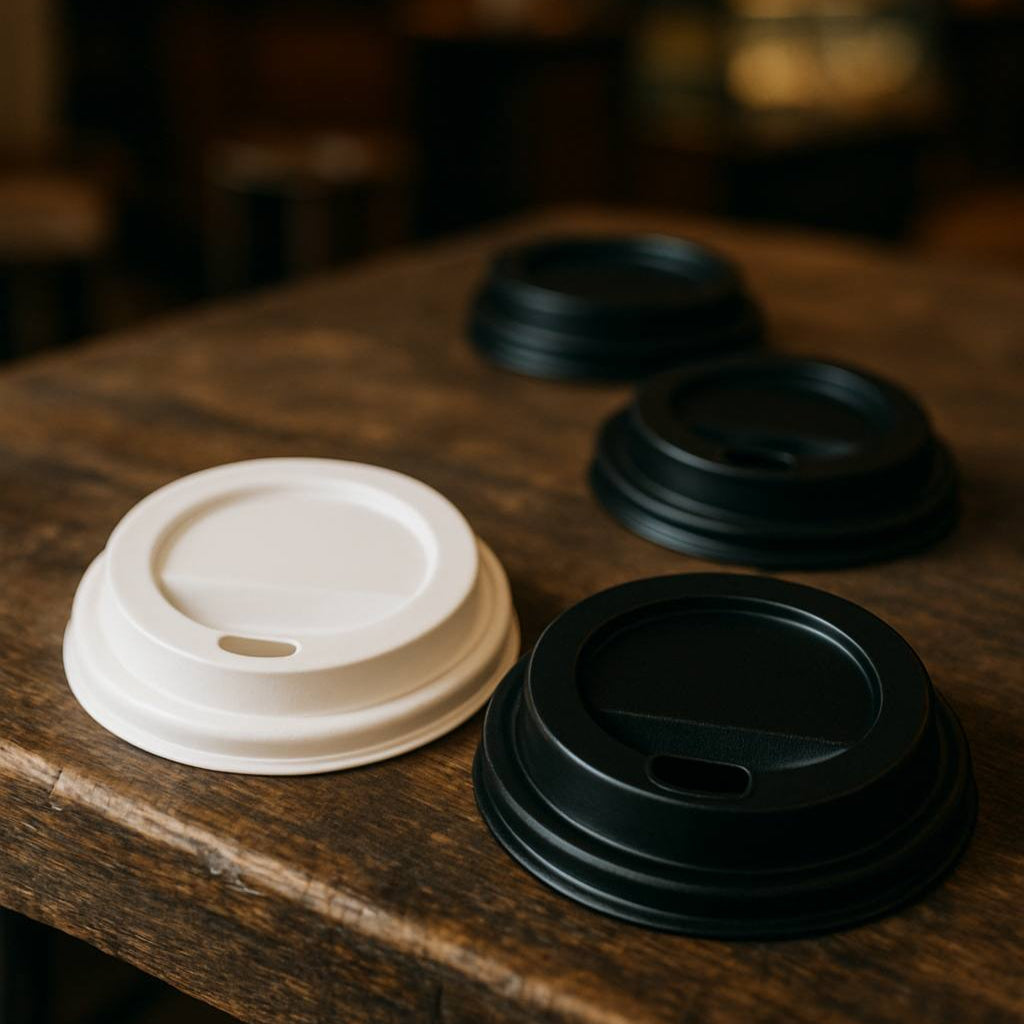 Three coffee cup lids on a wooden surface with a blurred background