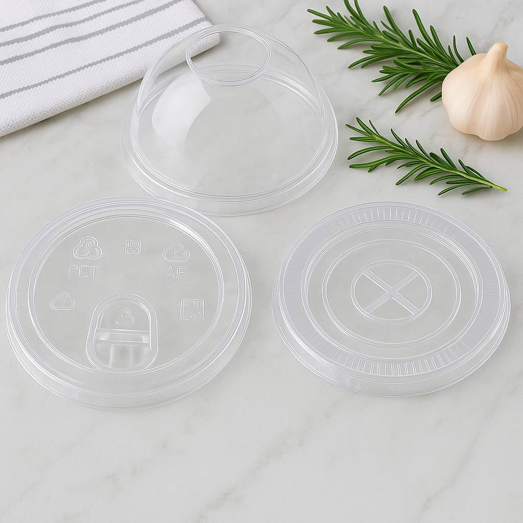 Clear plastic lids with recycling symbols on a light surface with herbs and garlic.