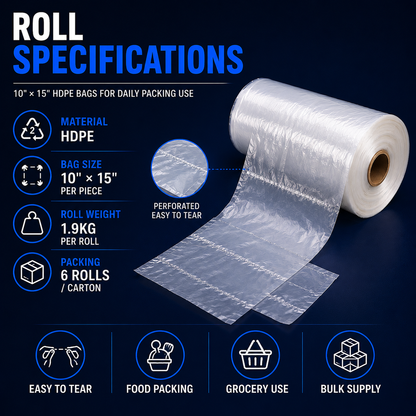 HDPE plastic bag roll specifications in Singapore with 10x15 inch bags 1.9kg per roll and 6 rolls per carton