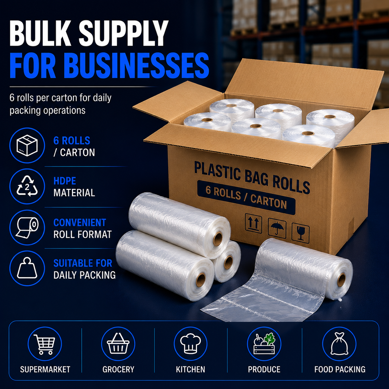 Bulk carton supply of HDPE plastic bag rolls in Singapore for supermarkets grocery stores kitchens and food packing