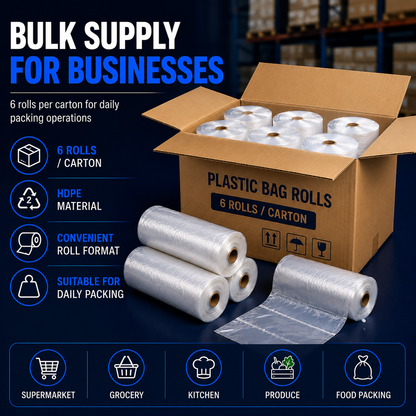 Bulk carton supply of HDPE plastic bag rolls in Singapore for supermarkets grocery stores kitchens and food packing