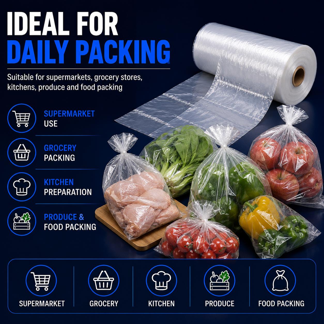 HDPE plastic bag rolls for supermarkets grocery stores kitchens produce and food packing in Singapore