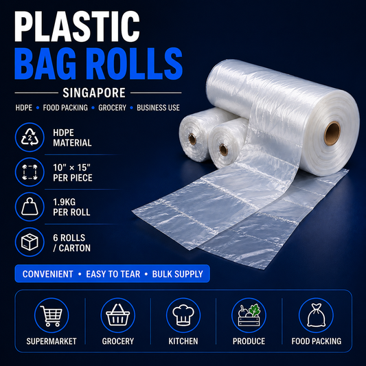 HDPE plastic bag rolls Singapore for supermarkets grocery stores kitchens produce packing and business use