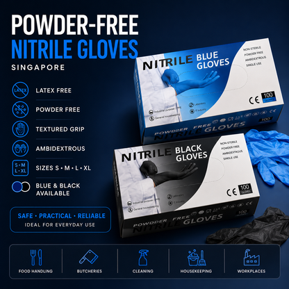 Powder-free nitrile gloves Singapore available in blue and black for food handling cleaning and workplace use