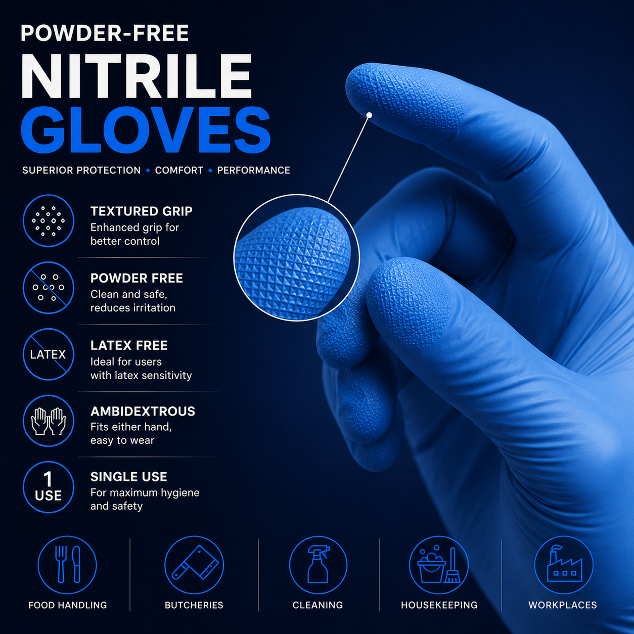 Close-up of powder-free nitrile glove textured fingertips for improved grip