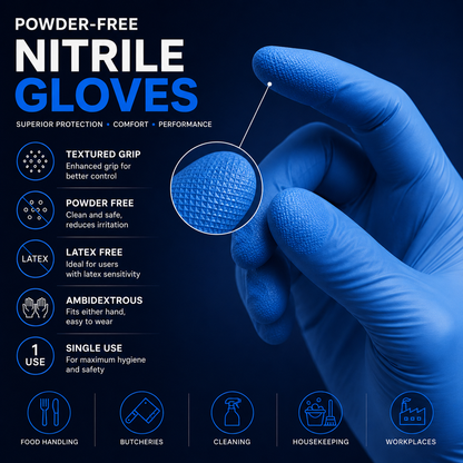 Close-up of powder-free nitrile glove textured fingertips for improved grip