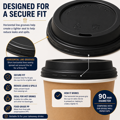 PP paper cup lid with horizontal line grooves designed for a secure fit on 90mm double wall paper cups