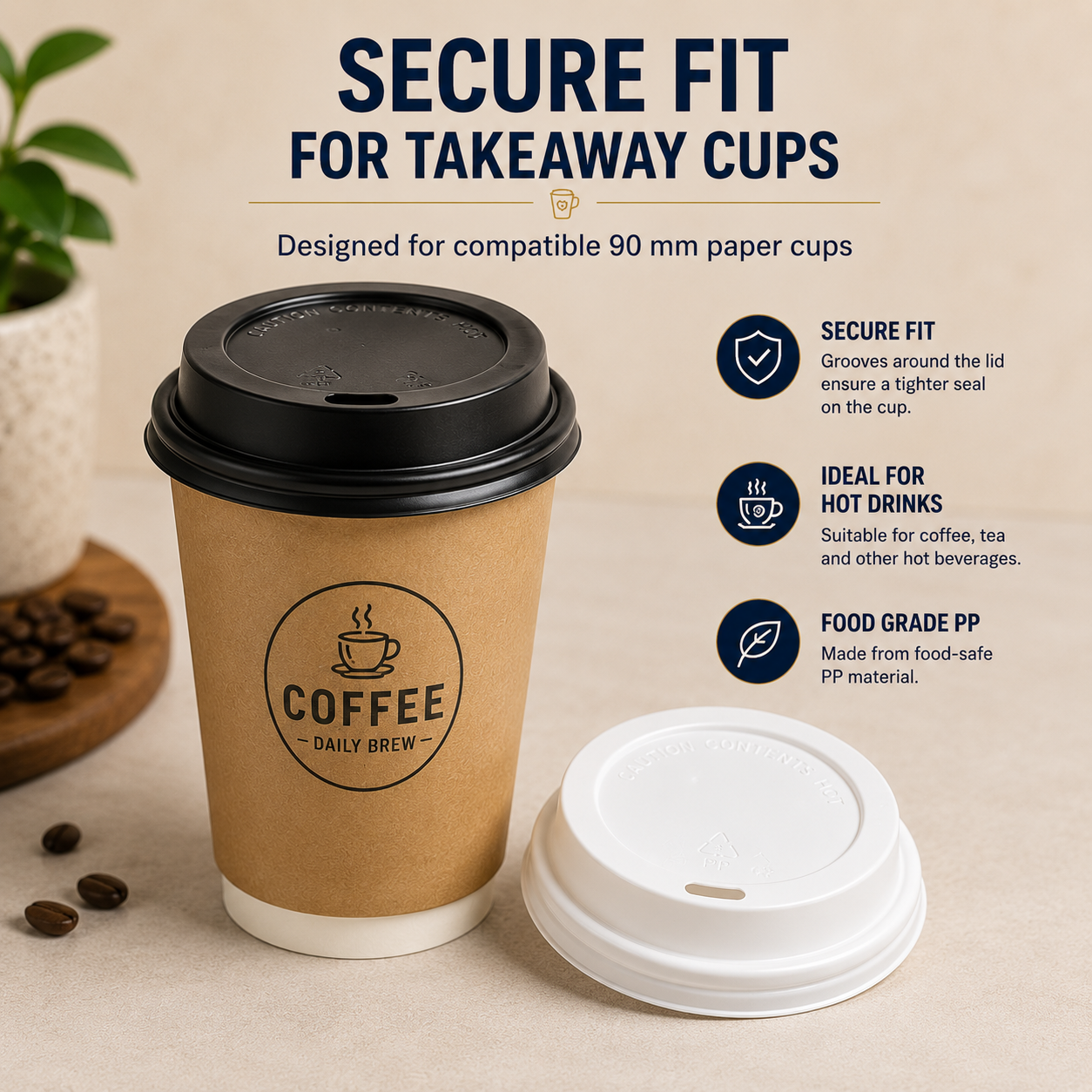 Black PP paper cup lid fitted securely on a kraft takeaway cup with white lid option for hot drinks in Singapore