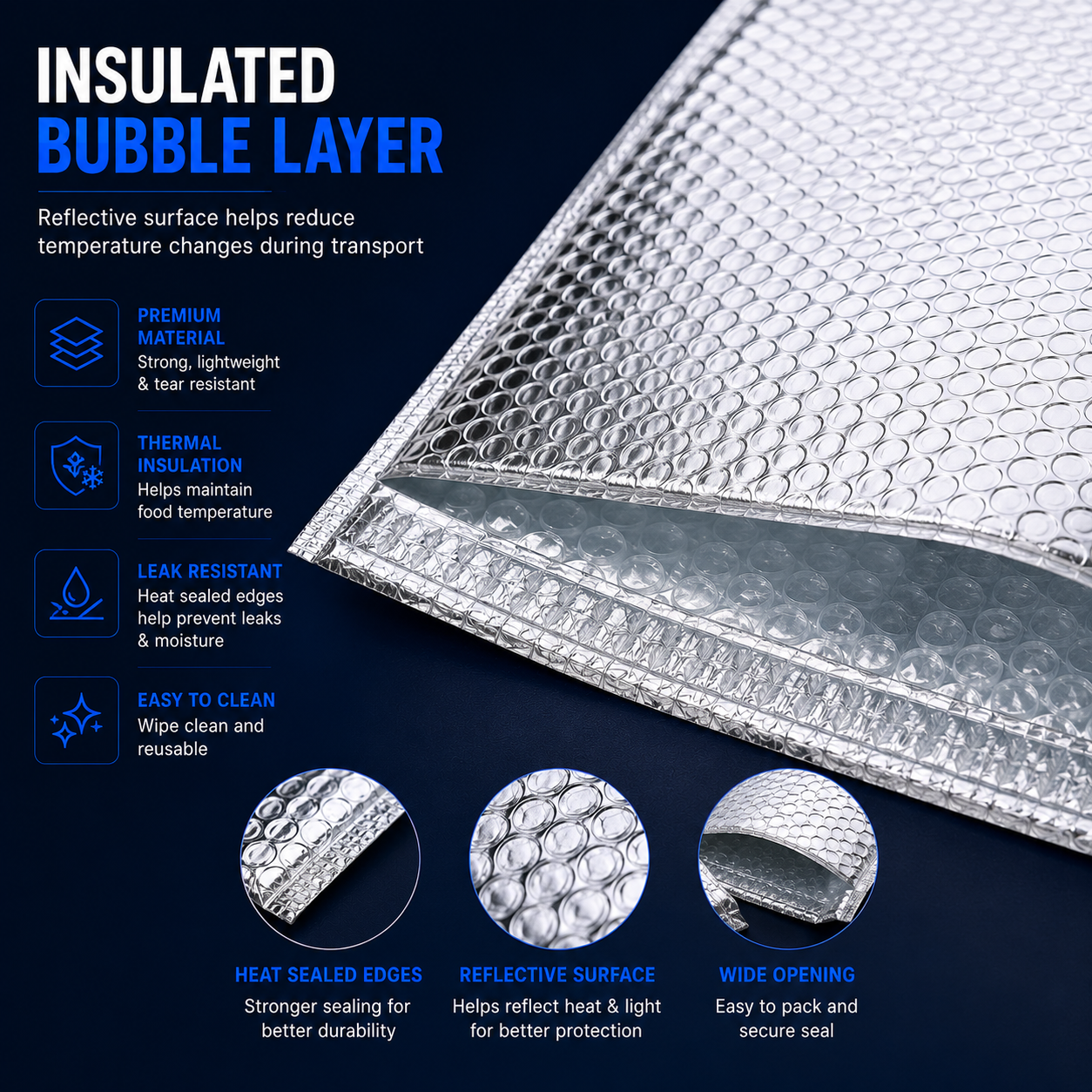 Close-up of silver insulated bag bubble layer for thermal food packaging