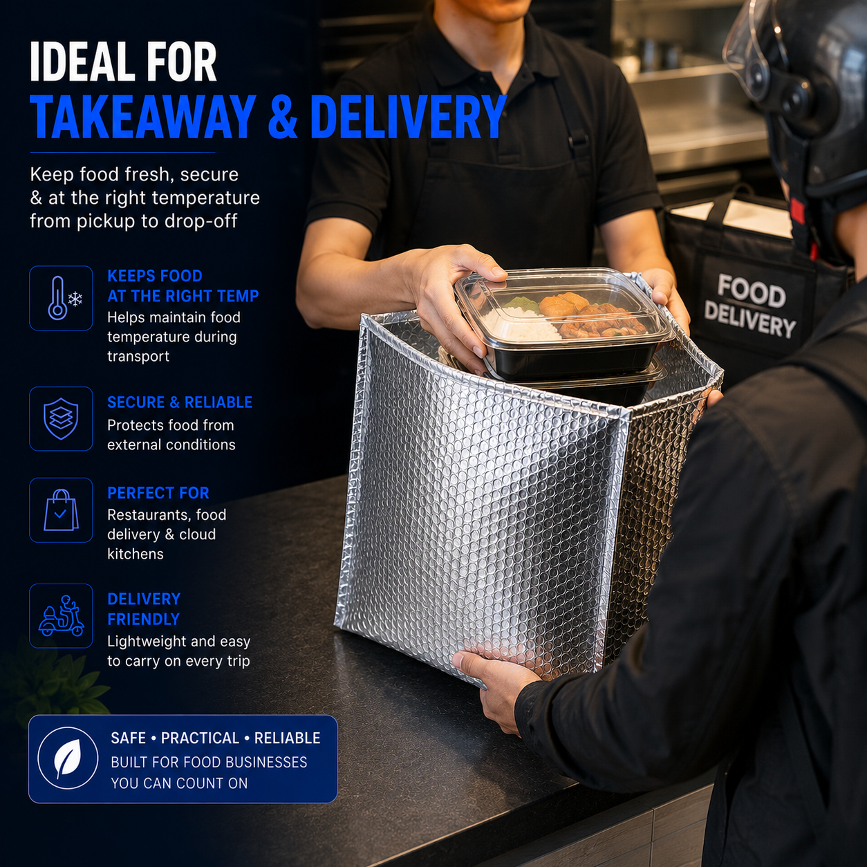Silver insulated bag used for takeaway food delivery from a restaurant
