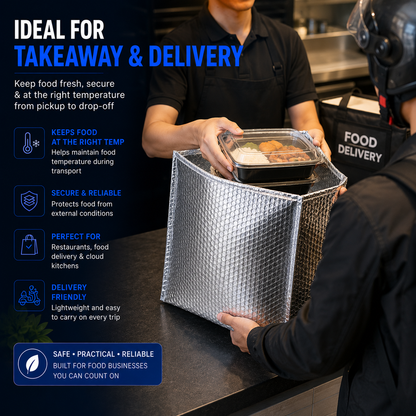 Silver insulated bag used for takeaway food delivery from a restaurant