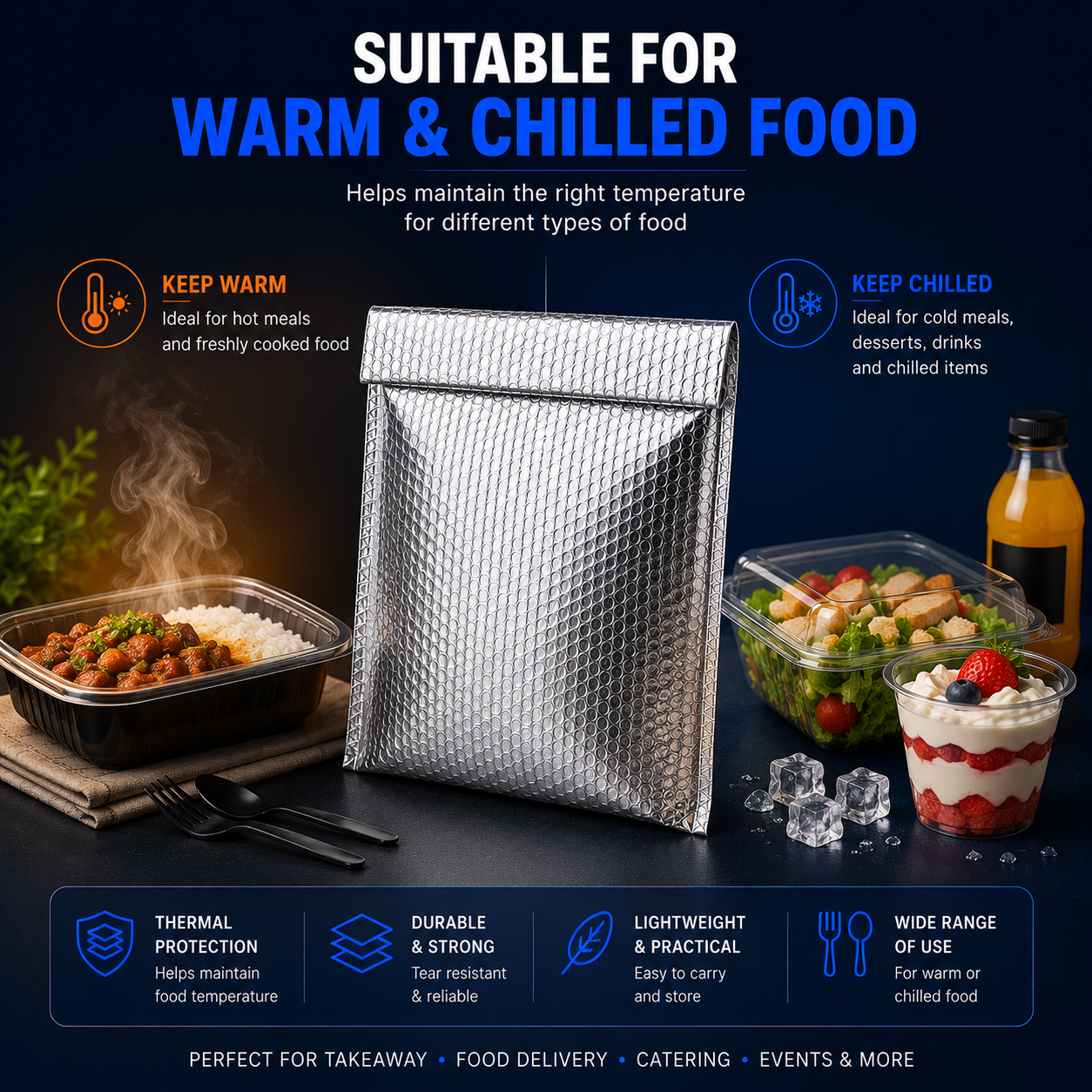 Silver insulated bags suitable for warm and chilled food takeaway and delivery