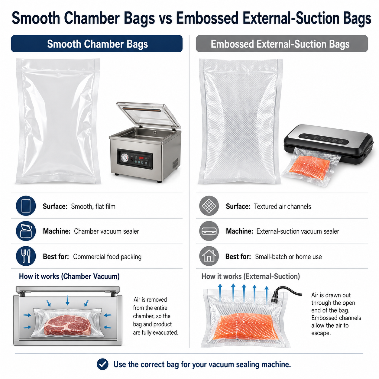 Comparison of smooth chamber vacuum pouches and embossed external-suction vacuum bags for different vacuum sealing machines