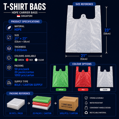T-shirt bag specifications in Singapore with 21x23 inch size 0.035mm thickness and 1000 pieces per carton
