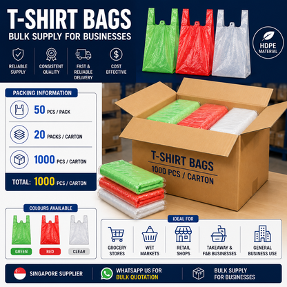 Bulk carton supply of HDPE T-shirt bags in Singapore for grocery retail wet market and takeaway businesses